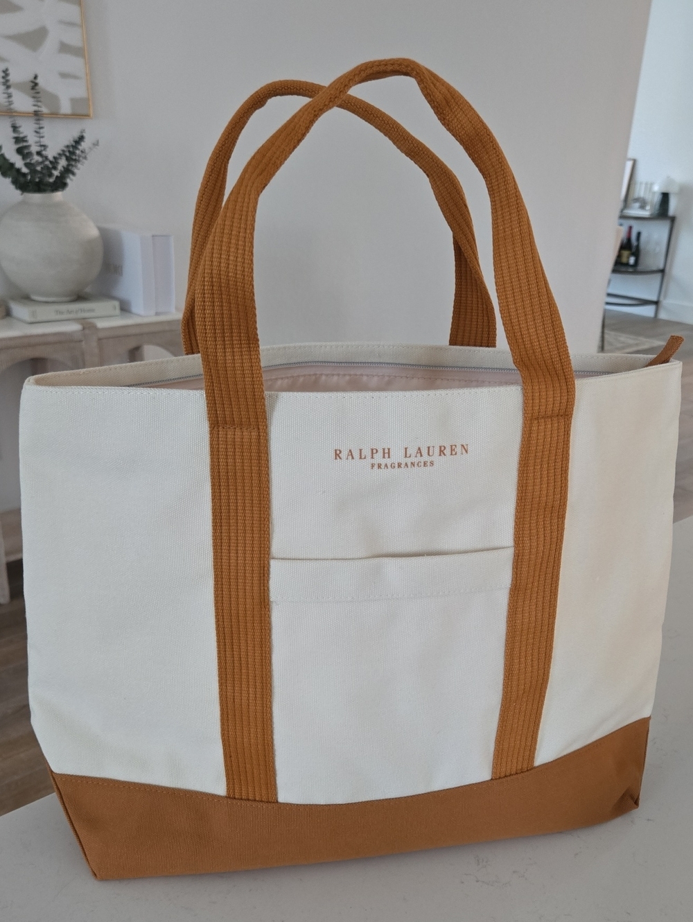 New Never Used Ralph Lauren Cream & Carmel Tote Bag Zipper Tote Canvas Tote Bag